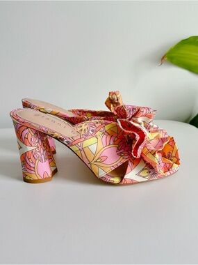 Gianni Bini Keily Retro Print Bow Block Heel Sandals Size 6.5